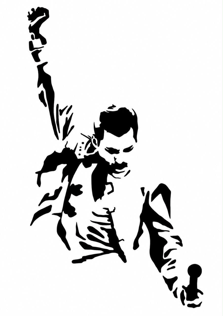 Freddie Mercury, poing levé, en scène